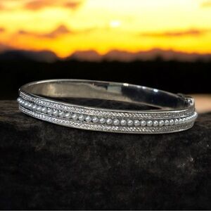 Elegant silver bangle bracelet with cz’s and faux pearls. 18k over copper new